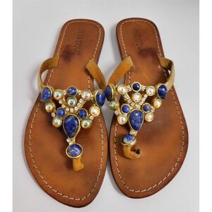 Mystique $250rt Blue White‎ Crystal Jeweled Gold Leather Thong Flat Sandals 7 M